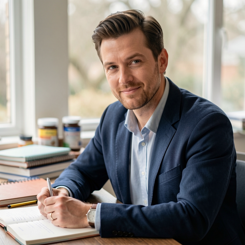 Editorial portrait of a male writer at a writing desk in a naturally lit studio, notebooks and supplement containers visible in the background